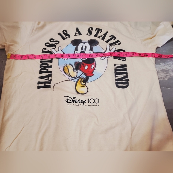 Disney Mickey Mouse Graphic T-Shirt "Happiness Is A State Of Mind". Beige/Yellow - Picture 4 of 9